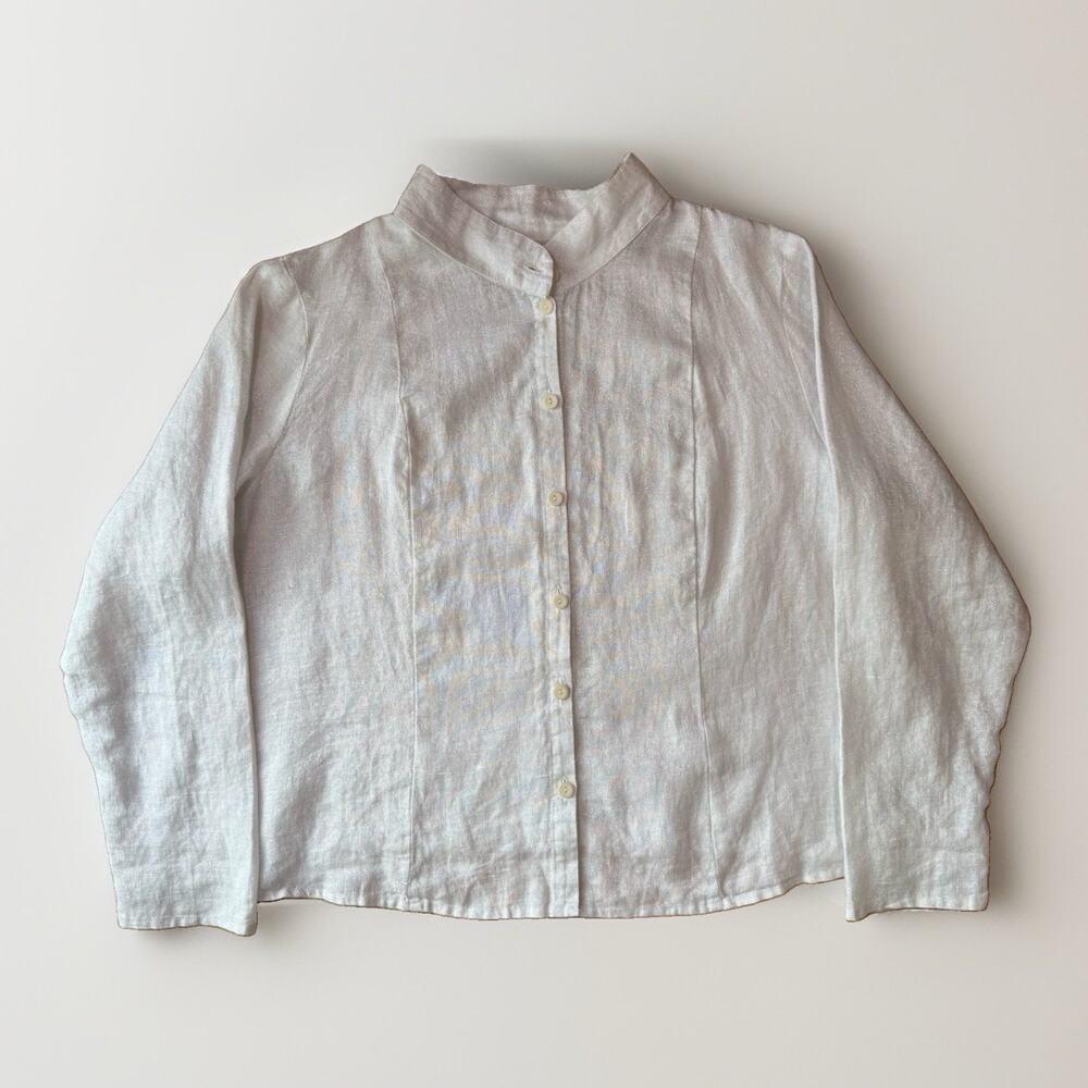 Flax Linen Shirt Women's 2G White Glitter Pleated Dressy Minimalist Luxury